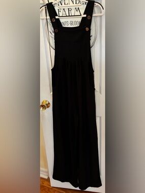 ODDY Black Wide-Leg Overalls with Button Straps and Swiss Dot Patterned